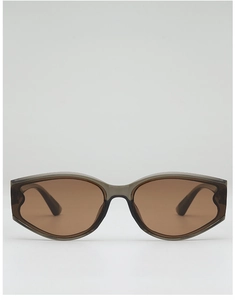 Detail of retro small cat-eye sunglasses with translucent smoke grey frames and brown lenses