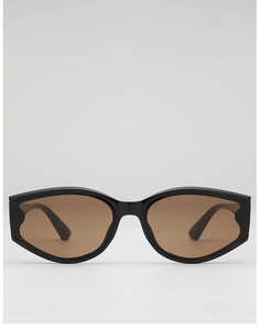 Detailed macro view of modern black cat-eye sunglasses with geometric oval frames