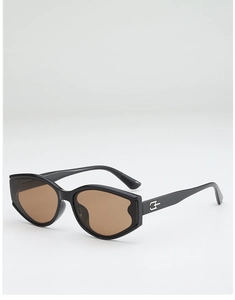 Close-up of black cat-eye sunglasses with brown lenses and silver temple detail