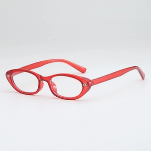 Retro red cat eye glasses with small irregular frames and metallic decorative logos