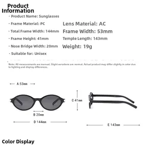 Size chart showing 144mm frame width and 143mm temple length for square sunglasses