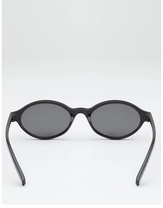Detail view of glossy black rectangular sunglasses with dark tinted UV protection lenses