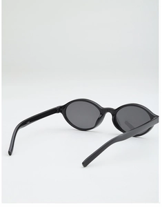 Close-up of the black rectangular sunglasses frame with glossy temples and hinge details