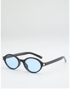 Detail view of vintage square sunglasses with black frame and light blue lenses