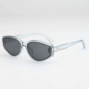 Trendy cat-eye sunglasses with light blue translucent frames and dark gray lenses