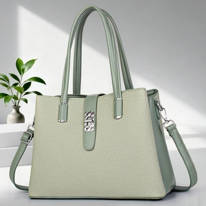 Women Tote Bag PU Leather Fabric Woven Texture Silver Buckle Commuter Shoulder Crossbody Handbag Elegant Minimalist