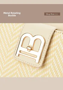 Detailed macro view of the golden B-shaped rotating metal clasp on woven crossbody bag