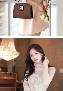 Detail of a brown herringbone crossbody bag with B buckle and tweed dress outfit