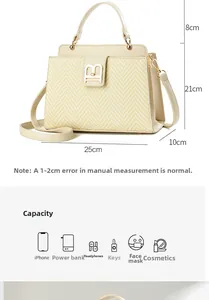 Detailed size guide of light beige crossbody bag with woven texture and B-buckle