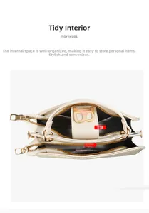 Interior detail of a beige crossbody bag showing multiple pockets and herringbone lining
