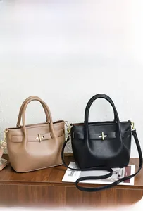 Litchi pattern PU leather handbags in brown and black with gold metal twist locks