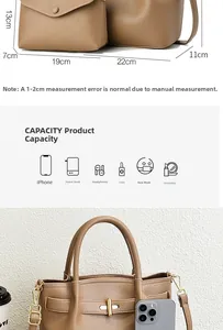 Detailed size chart for brown litchi pattern PU leather handbags with gold hardware