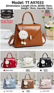 Detailed size chart for 25x10x19cm synthetic leather handbag with seven color options