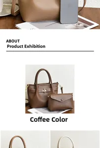 Detail of coffee litchi grain handbag set with metal twist lock and envelope pouch