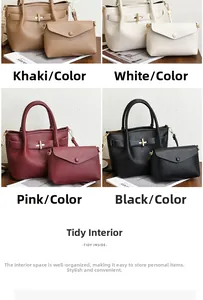 Detailed four-color collage of leather tote and clutch sets with golden hardware