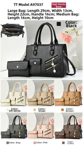 Detailed views of crossbody handbag sets with dimensions in black, beige, khaki and pink
