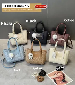 Detailed size chart of Macaron PU leather tote bags with woven texture and fur ball charms