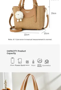 Brown woven bucket bag dimensions 22x19x10cm with cute white plush monster charm detail