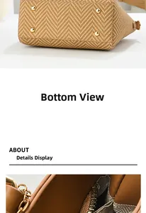 Detail view of woven bucket bag bottom with gold feet and interior zipper structure