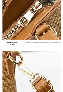 Detail of woven fabric texture with light brown leather trim and golden metal hardware