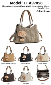 Détails du sac à main montrant les dimensions et six options de couleurs disponibles