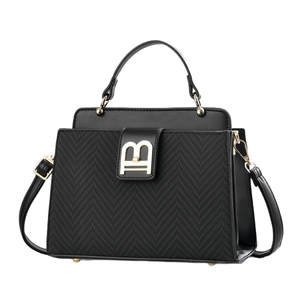 Chic black handbag in leather and herringbone fabric with gold B buckle and strap