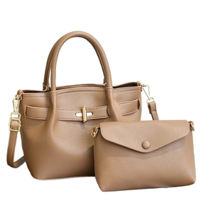 Classic lychee texture PU leather handbag and crossbody bag set with gold hardware