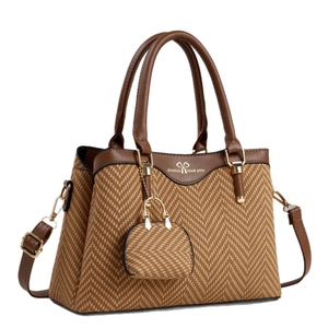 Classic herringbone tote bag set with brown leather trim and detachable shoulder strap