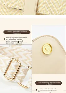 Detail of beige woven texture bag with gold hardware and wavy textile shoulder strap