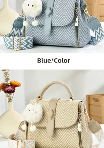 Detail view of woven crossbody bags in blue and beige with plush monster charms