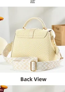 Detail of woven beige handbag featuring herringbone pattern texture and golden metal buckle
