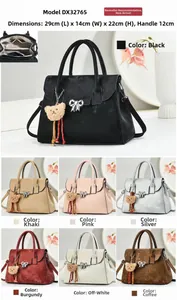 Detail showing dimensions 29x14x22cm and seven color variants for this elegant handbag