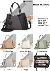 Detailed views of multi-color tote bag showing sizes, leather texture and internal pockets