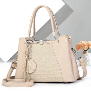 Classic beige large capacity tote bag with woven texture and top handles for women