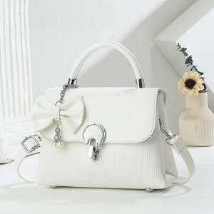 Women PU Leather Woven Splicing Handbag With Bowknot Artificial Pearl Pendant Metal Buckle Elegant Crossbody Shoulder Bag