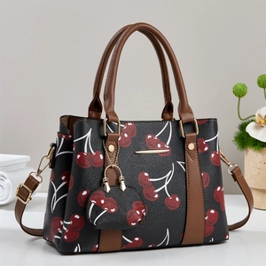 Women Fashion Handbag PU Leather Litchi Grain Cherry Print Shoulder Bag With Mini Pouch Retro Sweet Commuting Tote