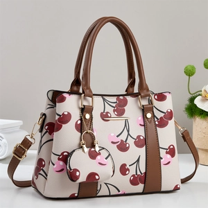 Large capacity off-white tote bag with cherry patterns and brown straps for women