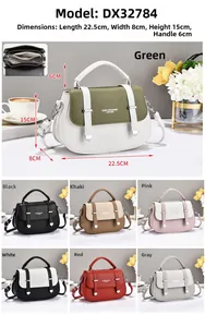 Detailed view of structured leather satchel with multiple color options and dimensions