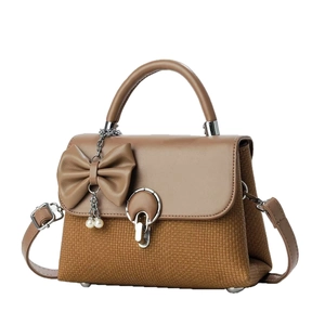 Brown leather and fabric square handbag with bow and pearl chain charm details