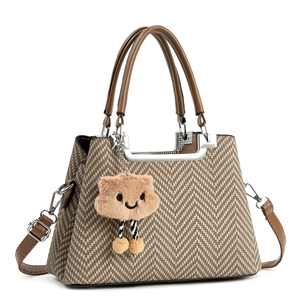 Women Herringbone Fabric PU Leather Handbag Large Capacity Crossbody Bag With Cloud Charm Vintage Simple Urban Style