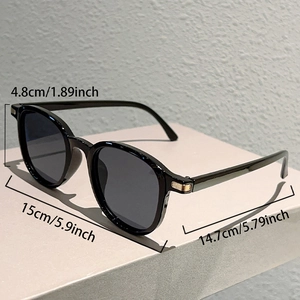 Detailed dimensions of minimalist oversized round sunglasses with sleek metal hinge accents