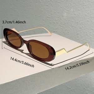 Vue détaillée des lunettes de soleil ovales marron avec dimensions et branches dorées