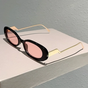 Détail de lunettes de soleil ovales tendance avec monture noire et branches dorées en zigzag