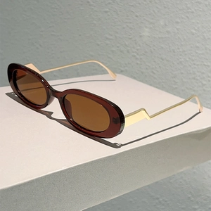 Détail de lunettes de soleil ovales rétro avec branches en métal doré en zigzag