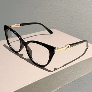 Elegant black cat-eye anti-blue light glasses with gold metal hollow-out temples