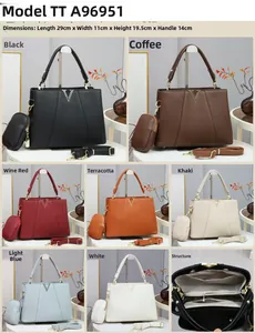 Detailed size guide and color options for the lychee grain leather handbag set