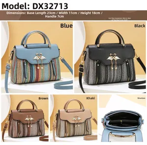 Detail view of colorful woven PU leather handbag showing four colors and dimensions