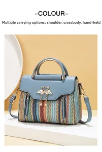 Detail of multi-way colorful woven bag with golden handle and swan metal decorative buckle