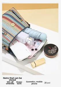 Spacious striped crossbody bag interior showing storage for iPad, phone and cosmetics