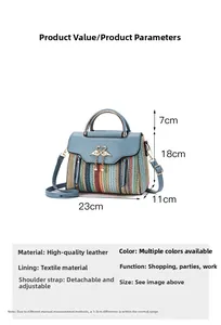 Detailed dimension guide for blue leather crossbody bag with woven texture and swan charm